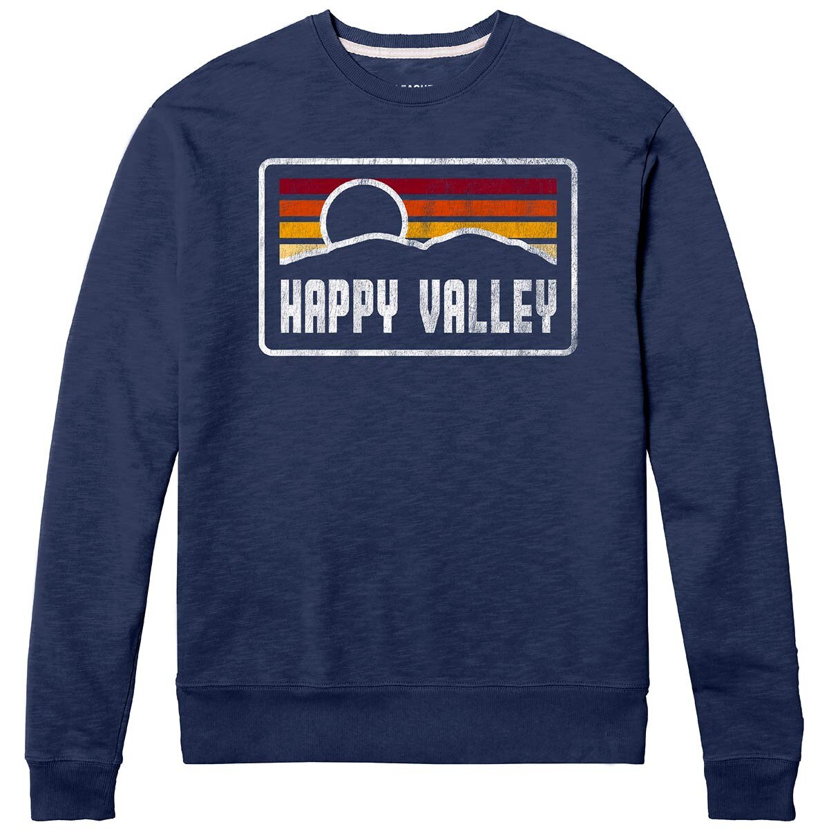 navy long sleeve crew neck sweatshirt with distressed Happy Valley sunrise graphic